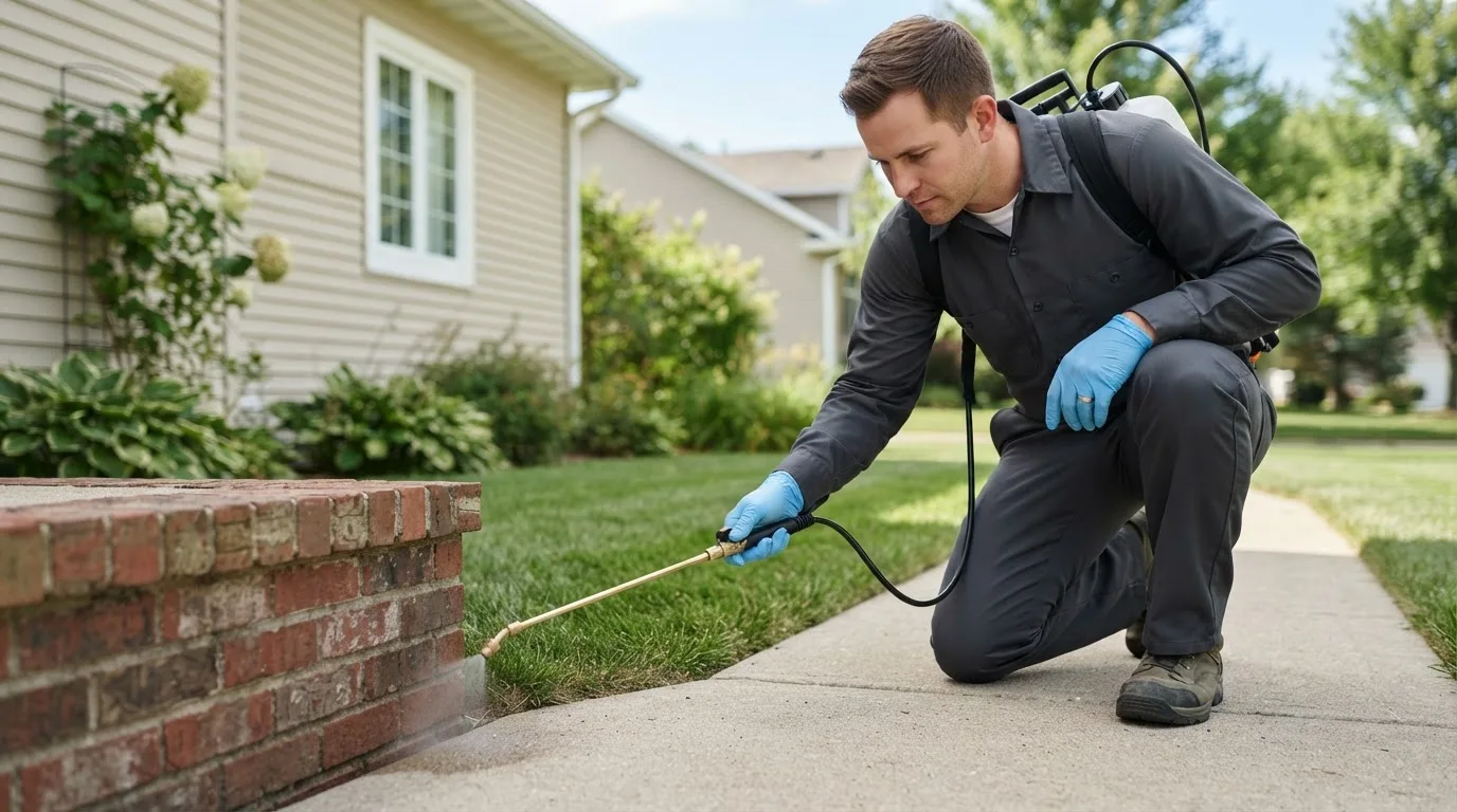 Pest control technician treating a home near West Sayville, NY