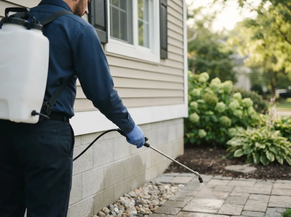 Pest control technician inspecting a home in West Sayville, NY